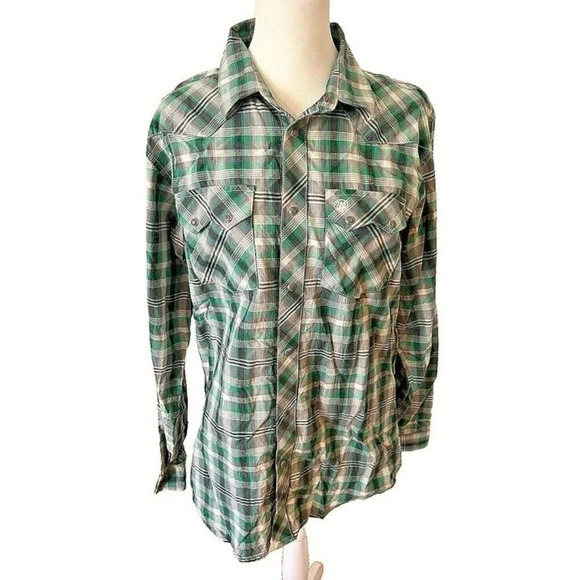 XXL Men's Green Plaid Wrangler Retro Western Cowboy Collared Pearl Button Shirt - Picture 1 of 8